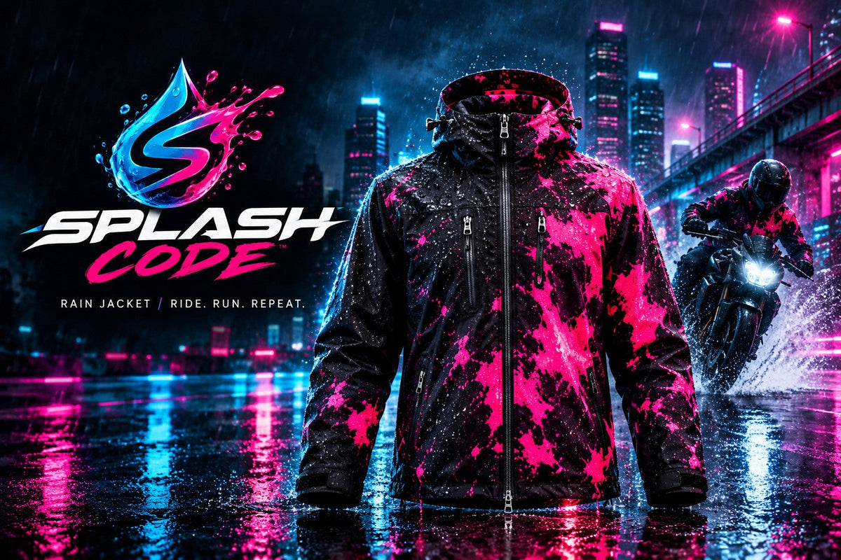 SplashCode jacket in Neon Pink on a rainy city street at night